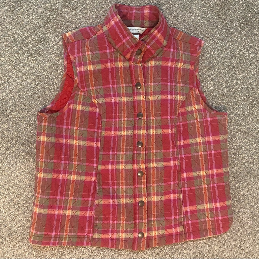 Christopher Banks Womens Size Large L Quilted Vest Red Multi Color Snap Up EUC